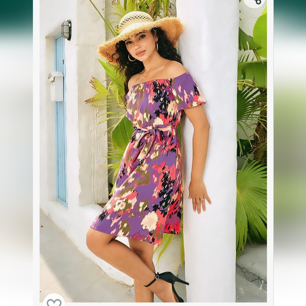JECEIKA Womens Off Shoulder Ruffle Floral Summer Dress